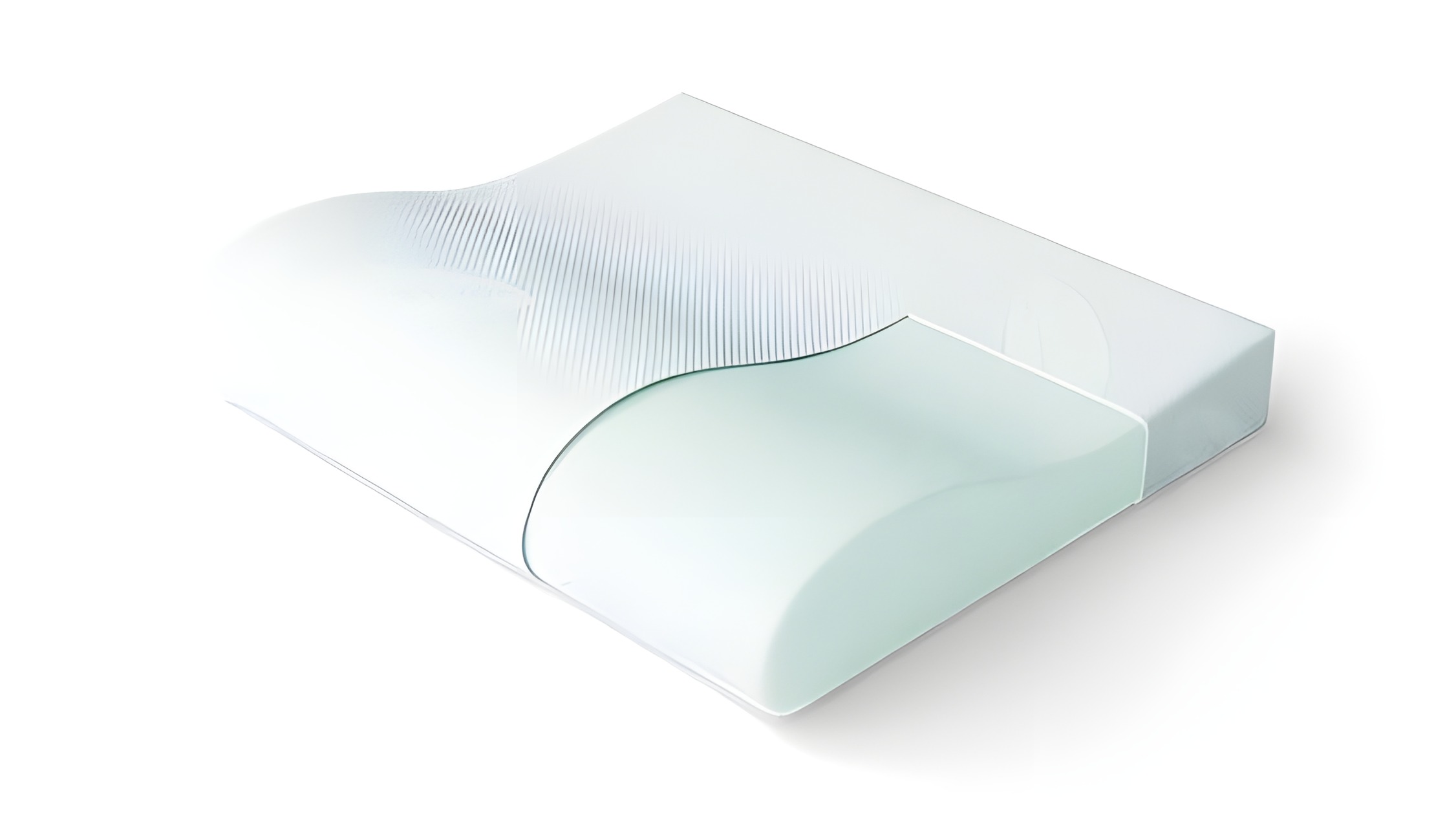 Verapur Nackenstützkissen Wave – Nackenstützkissen Frontansicht, glasbox, dekorationsbox, blau, glaskurve, runde kanten, glas, verpackung, blatt, kunst, verpackung