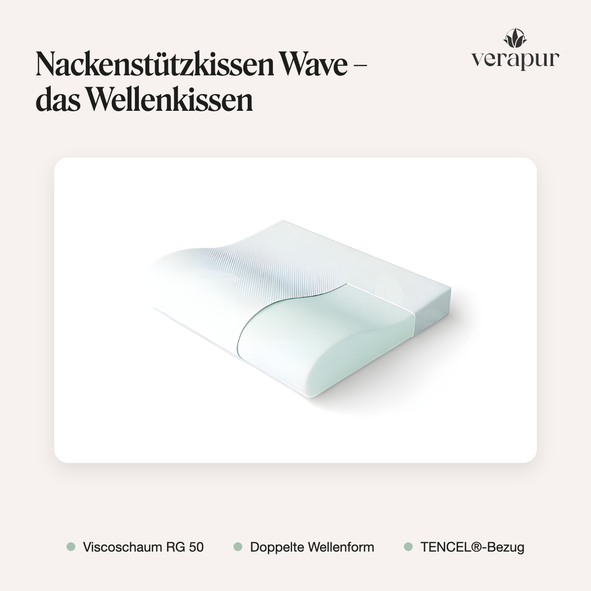 Verapur Nackenstützkissen Wave – Nackenstützkissen Frontansicht, Kopfkissen, Nackenstützkissen, Wellenkissen, Viscoschaum, TENCEL-Bezug, Kissen, Nackenkissen, Wellenkissen, Viscoschaum, TENCEL-Bezug