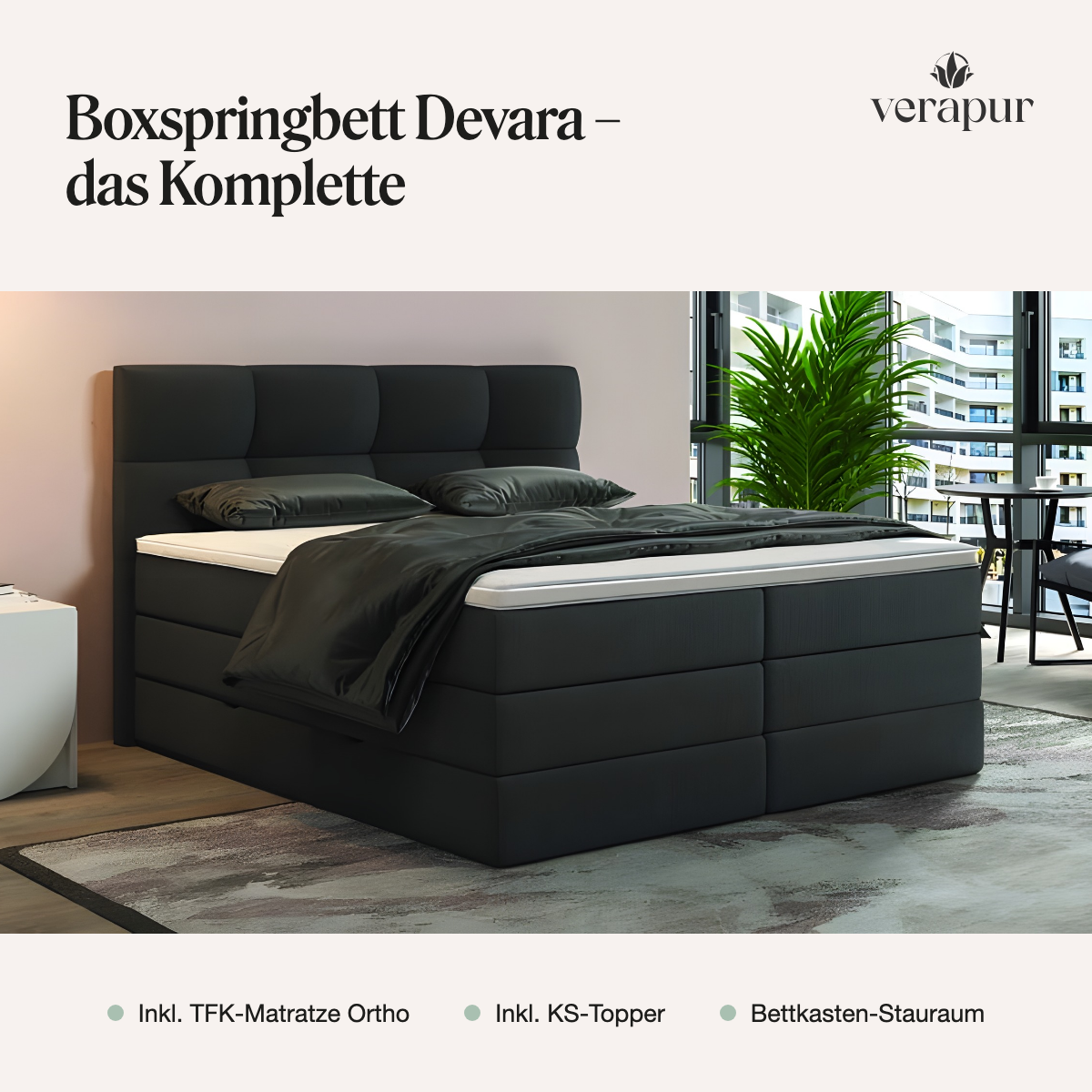 Verapur Boxspringbett Devara mit Bettkasten – die Praktische – Boxspringbett Frontansicht, Bett, Boxspring, King-size, dunkelgrau, Betthaupt, Boxspringbed, Bettrahmen, Doppelbett, Schwarz, Bettkasten