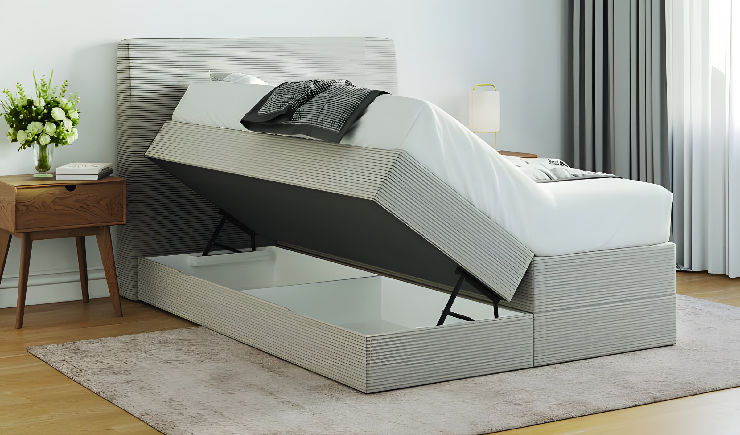 Verapur Boxspringbettgestell Kordara mit Bettkasten – die Geräumige – Boxspringbettgestell Frontansicht, bett, boxspringbett, grau, stromlinien, aufklappbar, Bett, Bettgestell, Boxspring, graues Design, Bettrahmen
