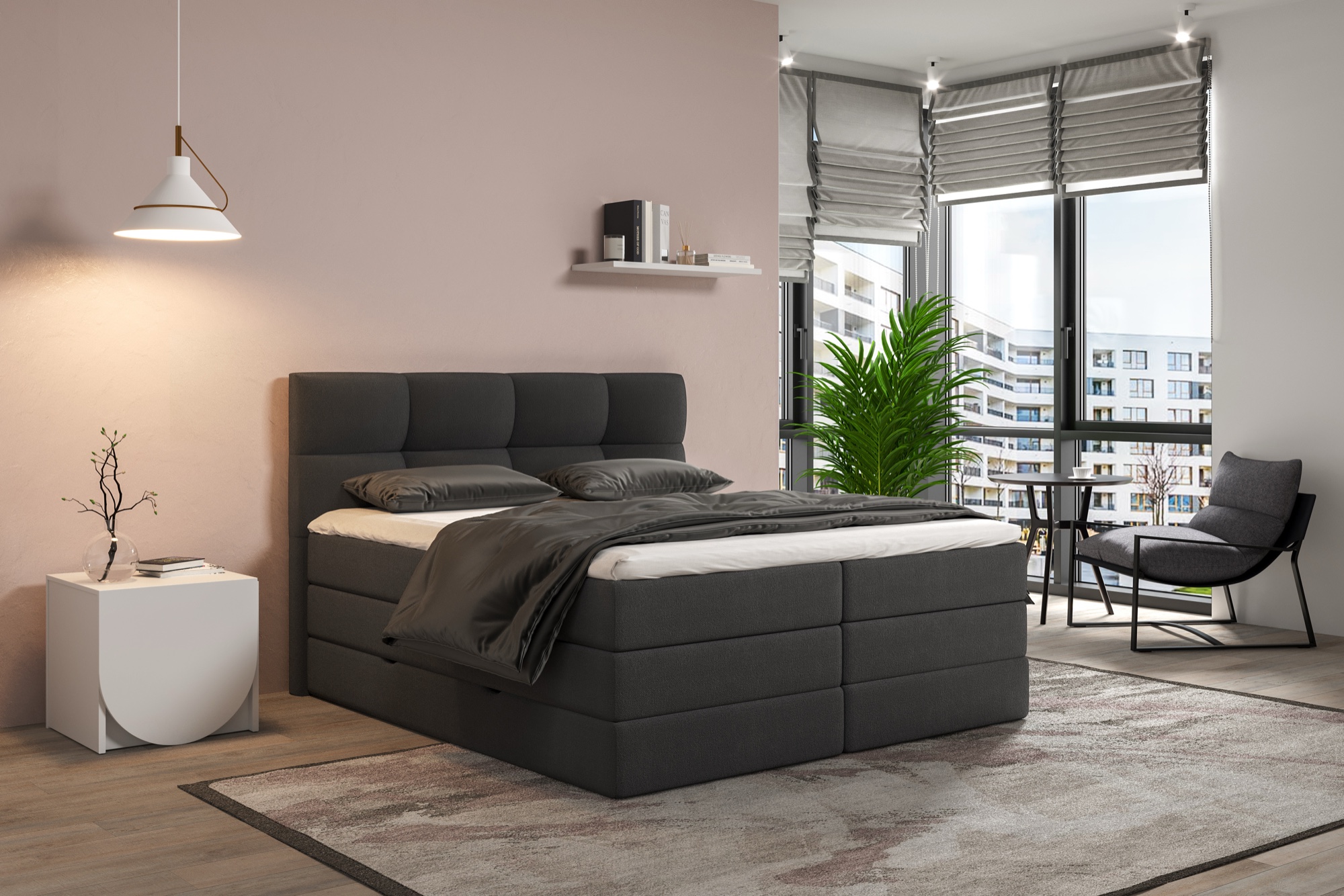 Verapur Boxspringbett Devara mit Bettkasten, Bett, Kingsize-Bett, dunkelgrau, gepolstertes Bett, modernes Schlafzimmer