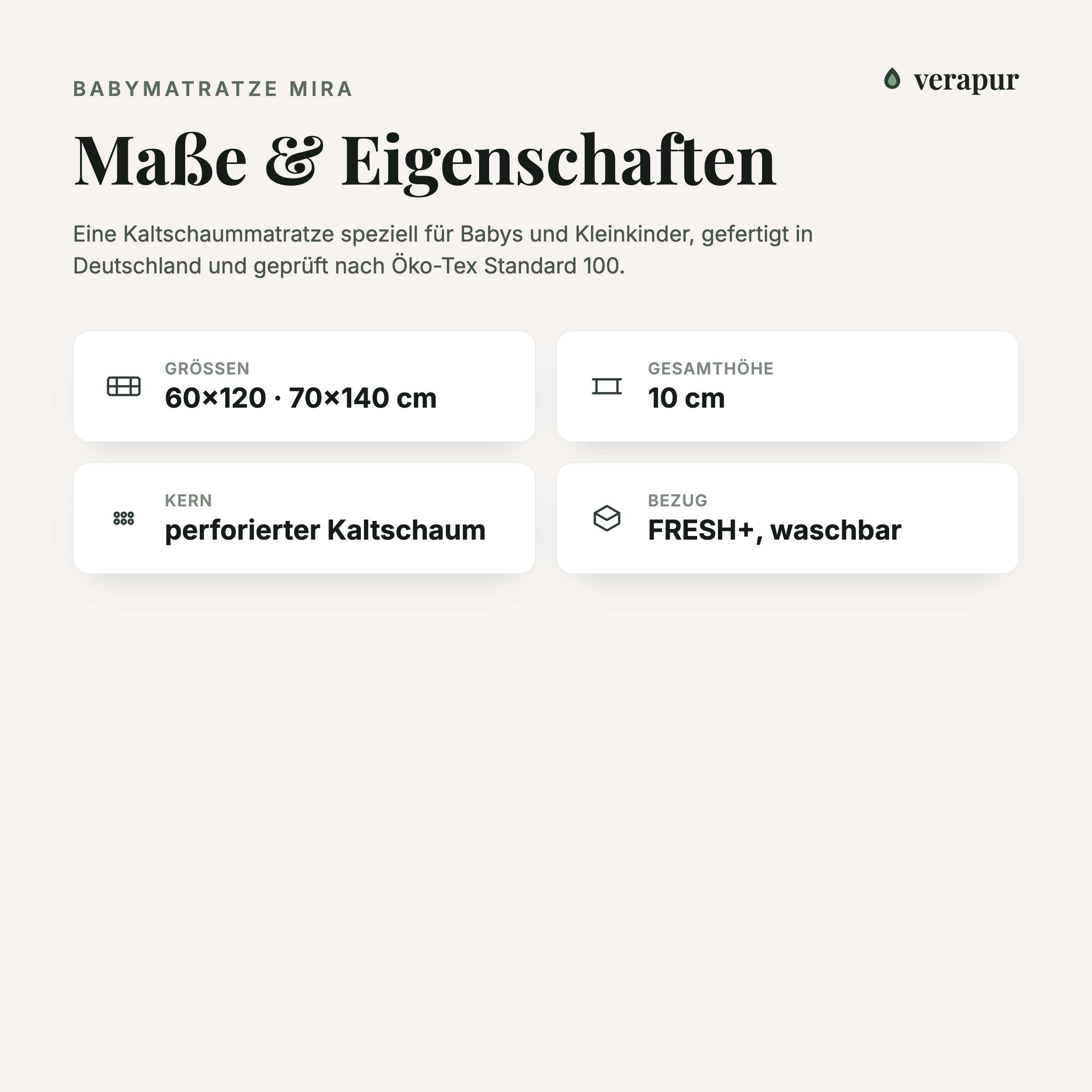 Verapur Babymatratze Mira – Produktbild 2, Kaltschaum-Matratze, Baby-Matratze, Bezug waschbar, Kern perforierter, Größen 60x120