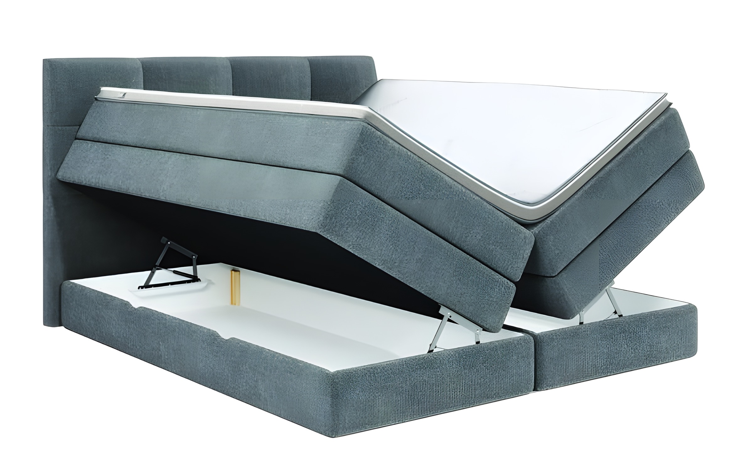 Verapur Boxspringbett Devara mit Bettkasten – die Praktische – Boxspringbett Frontansicht, bett, boxspringbett, grau, bettkasten, komfort, Bettkasten, Boxspringbett, Rückenschonendes, Kopfteil, Klappdeckel