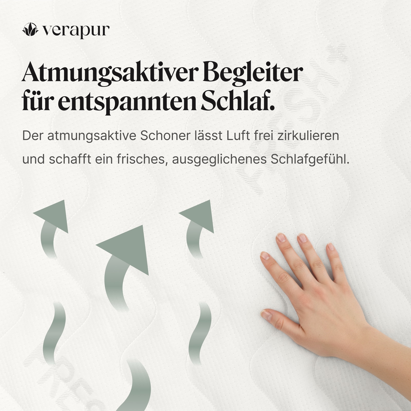 matte mattress, hand on bed, quilting pattern, curved arrows, light beige background, matratze, kissen, hand, atmungsaktiv, schlafunterlage