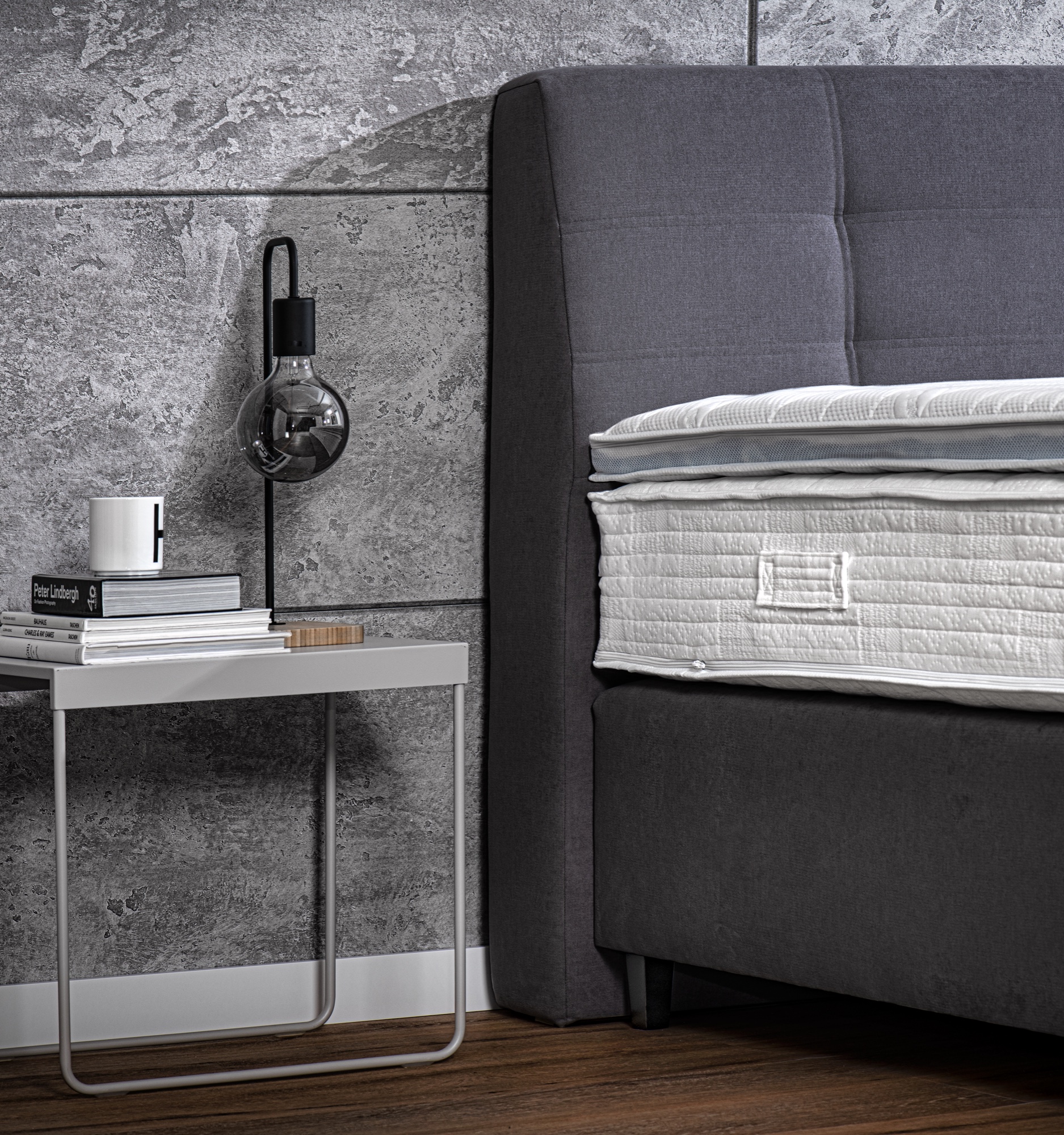 Verapur Boxspringbett-Gestell Kordara, Bett, Matratze, Nachttisch, Lampe, Grau