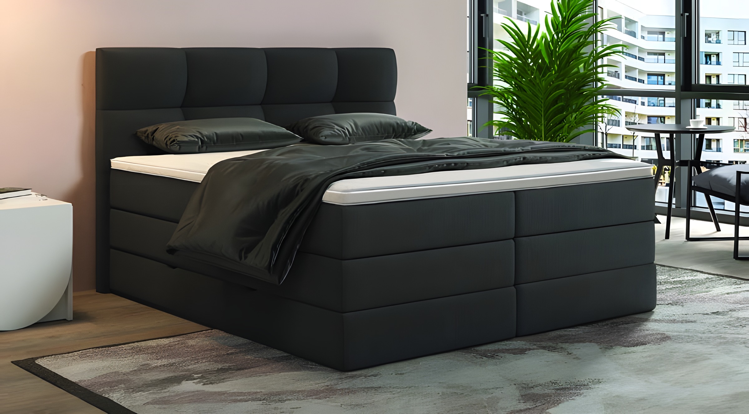 Verapur Boxspringbett Devara mit Bettkasten – die Praktische – Boxspringbett Frontansicht, bett, boxspringbett, schwarz, stoffbezug, kopfteil, bett, bettenrahmen, boxspringbett, schwarz, zimmer