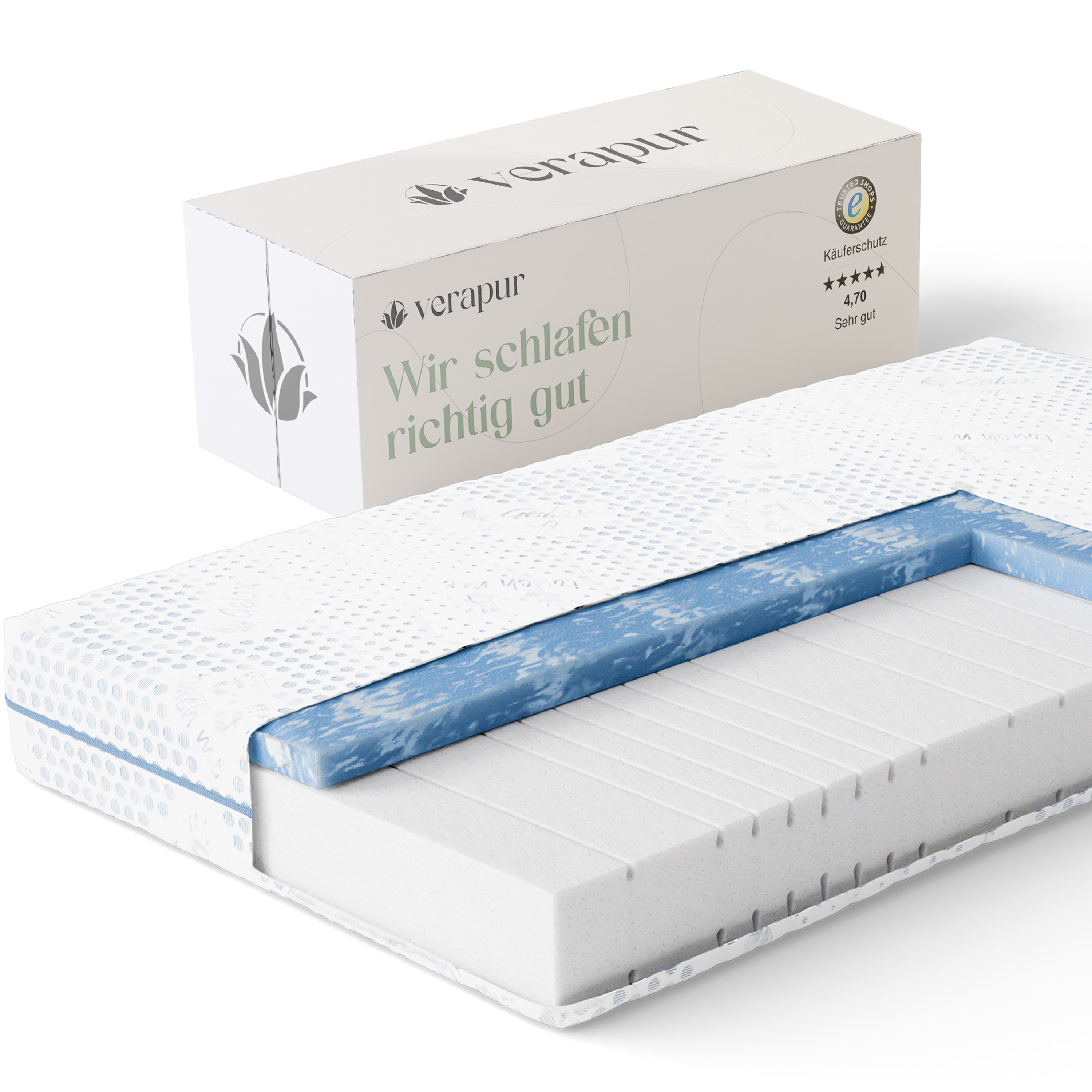 Verapur Gelschaummatratze Maia, Matratze, Matratzentopper, Schaumstoff, Bettlaken, Boxverpackung