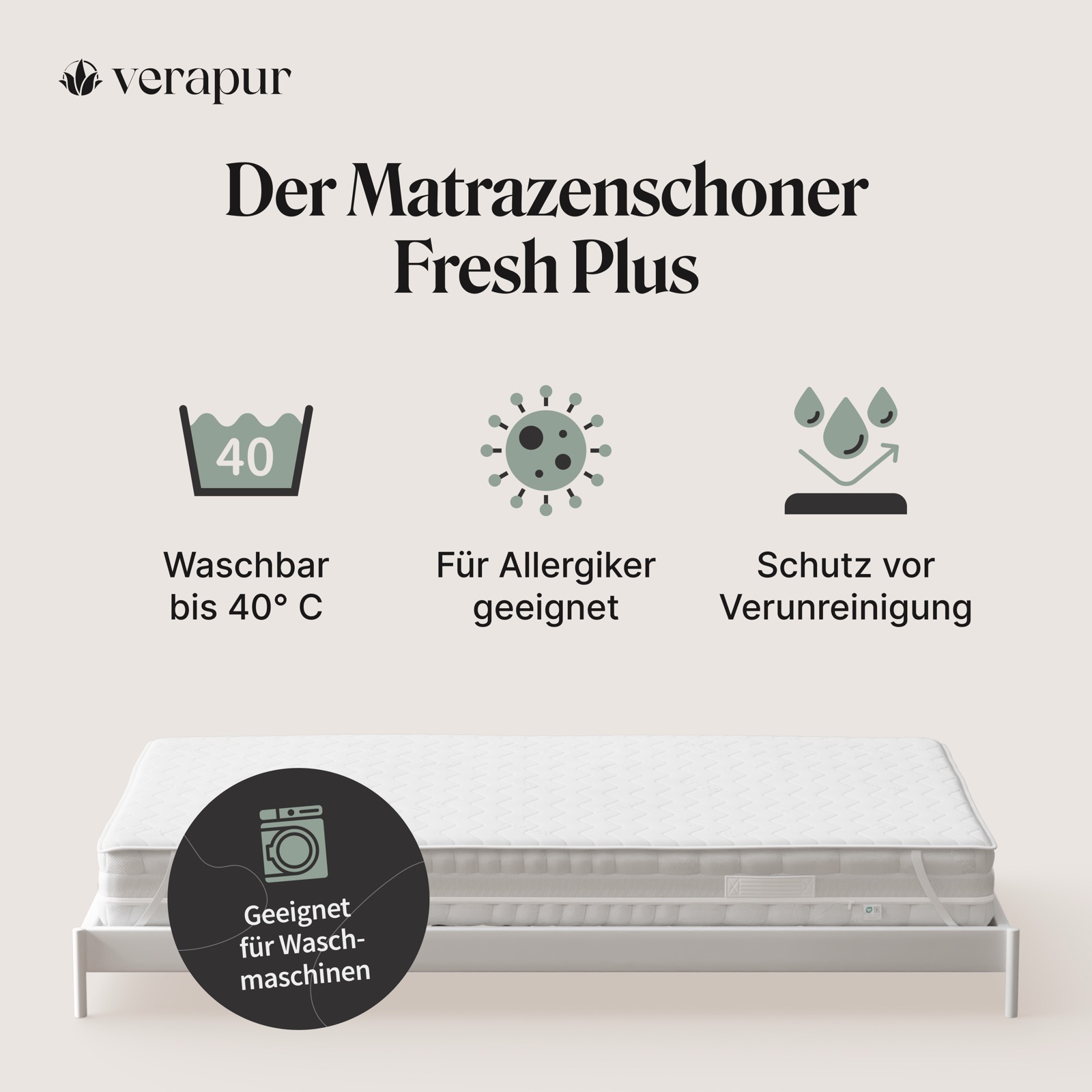 Waschbar, 40°C, Matratzenauflage, Schutz vor Verunreinigung, Für Allergiker geeignet, Matratze, Waschbar, 40°C, Allergiker, Schutz vor Verunreinigung