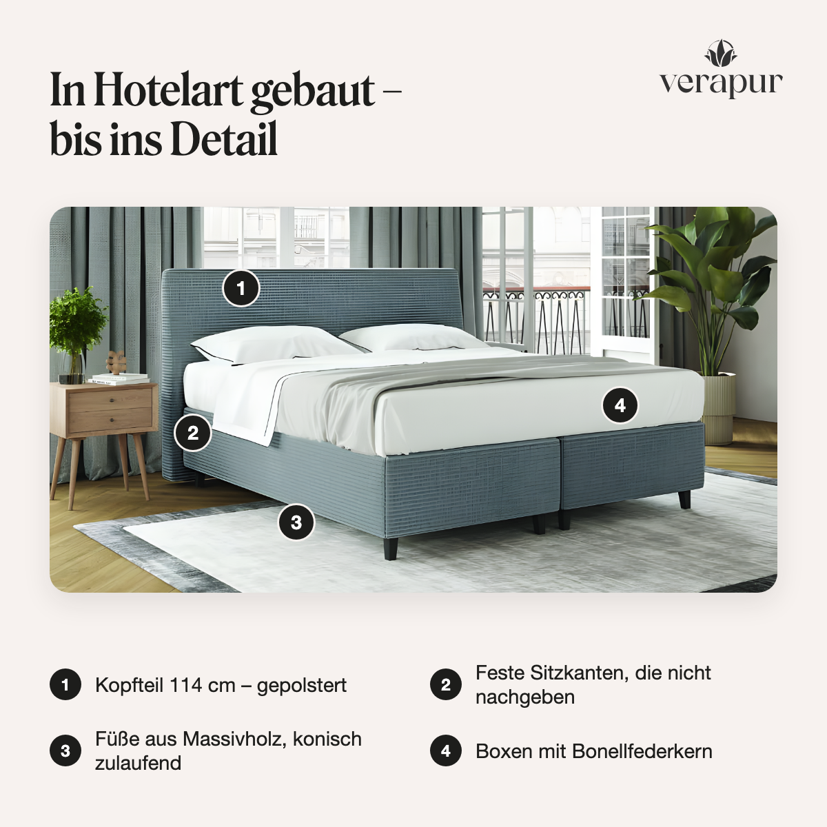 Verapur Boxspringbettgestell Kordara mit Bettkasten – die Geräumige – Boxspringbettgestell Frontansicht, Kopfteil, Bettrahmen, Boxspring, Massivholz-Füße, Sitzkanten, Kopfteil, Boxspringbett, Massivholz-Füße, Boxenfederkern, Farbton grau