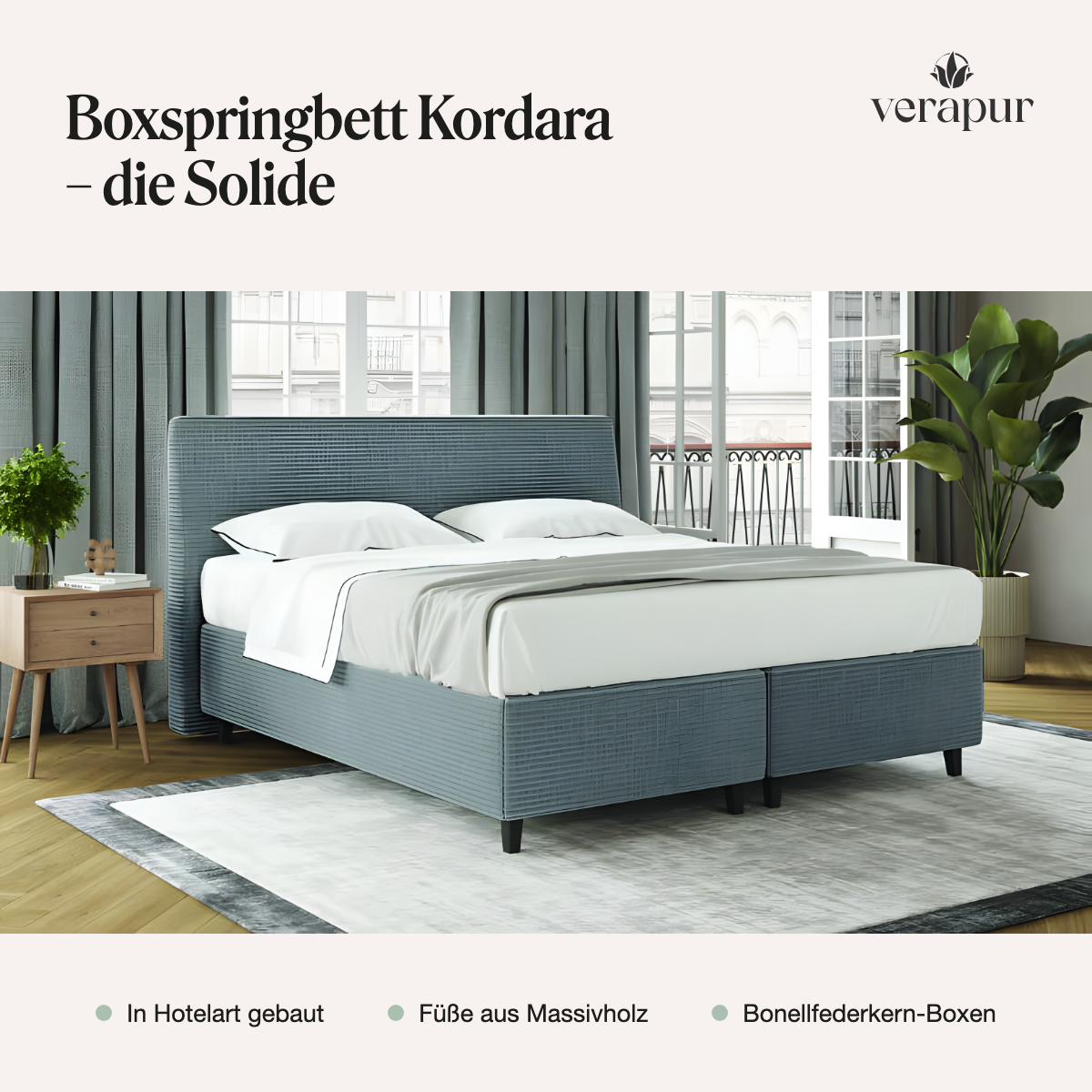 Verapur Boxspringbettgestell Kordara mit Bettkasten – die Geräumige – Boxspringbettgestell Frontansicht, Boxspringbett, Massivholzfuß, Bonellfederkern, Hotelstil, Bettrahmen, Boxspringbett, Kordara, Bettgestell, Massivholz-Füße, Bonellfederkern-Boxen