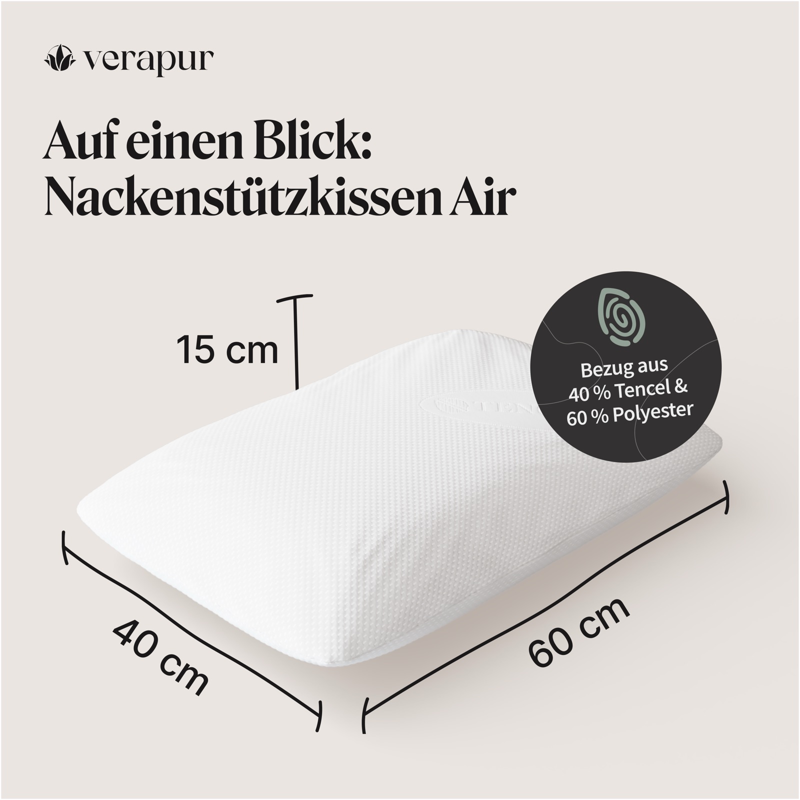 Nackenkissen, Luftkissen, Bezug aus Tencel, 60x40x15 cm, Polyester